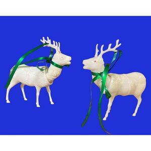 Vintage White Deer Bobblehead Figurines With Green Ribbons & Red Eyes